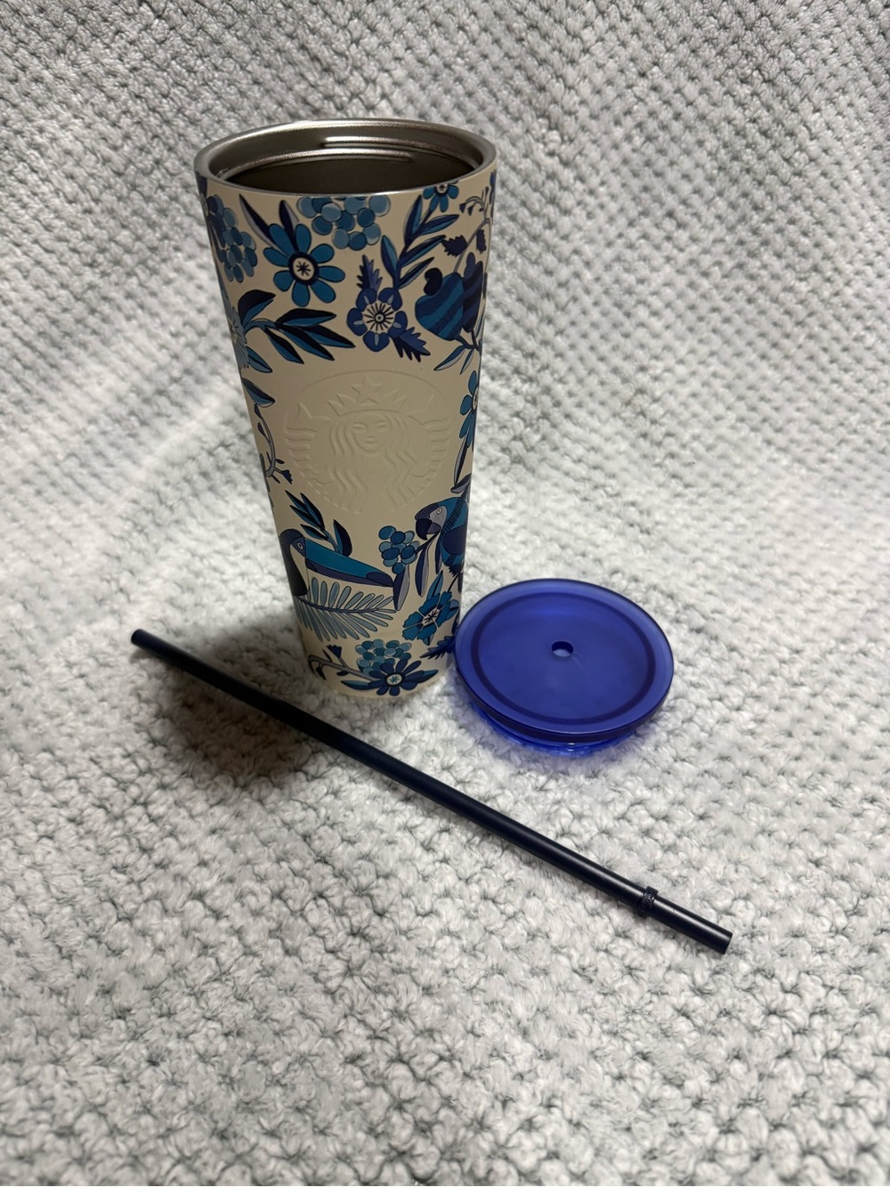 Starbucks Cream Tumbler with Blue Floral Design and Blue Lid